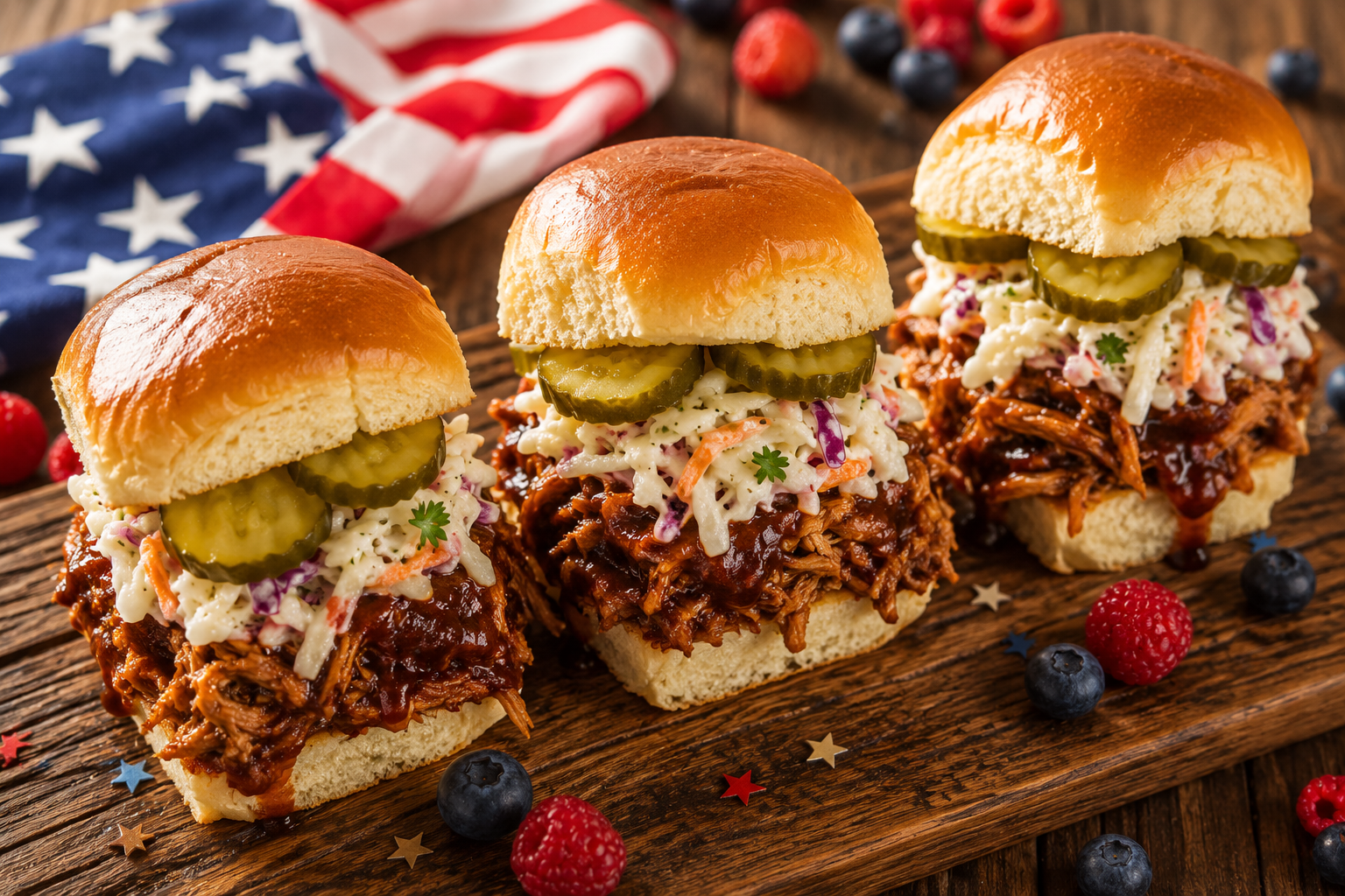 Easy 4th of July BBQ pulled pork sliders on Hawaiian rolls with coleslaw