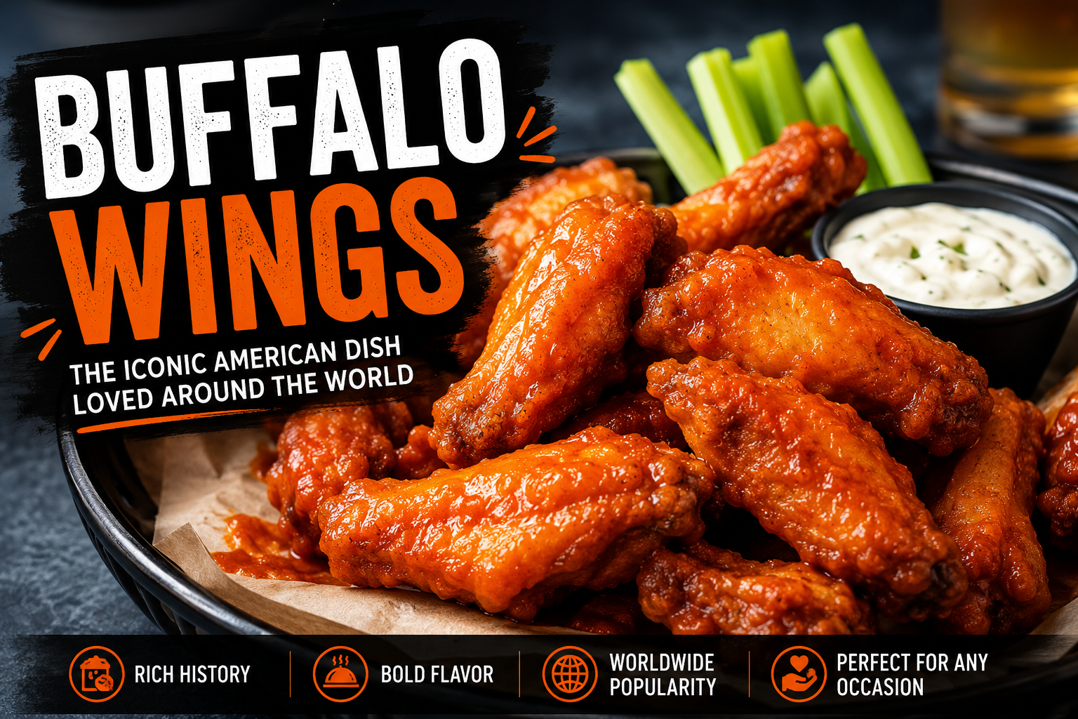Buffalo Wings served with celery sticks and creamy dipping sauce – famous American spicy chicken dish