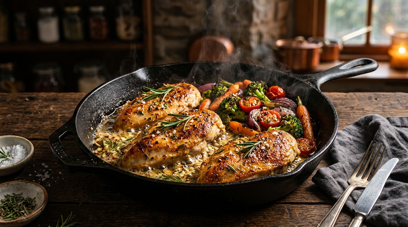 Juicy golden pan-seared chicken breast sliced to show tender interior, garnished with fresh herbs and lemon on a wooden board