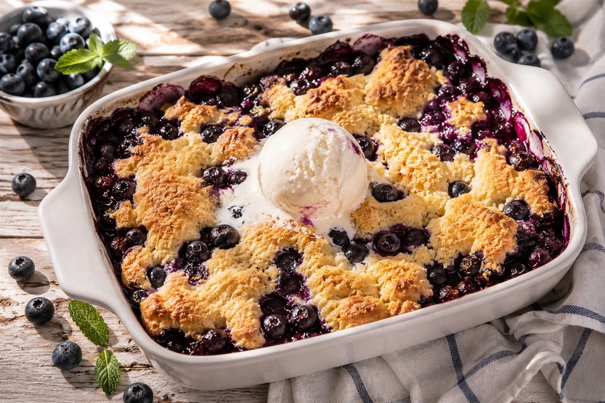 Easy blueberry cobbler in a white baking dish topped with a scoop of vanilla ice cream and fresh blueberries