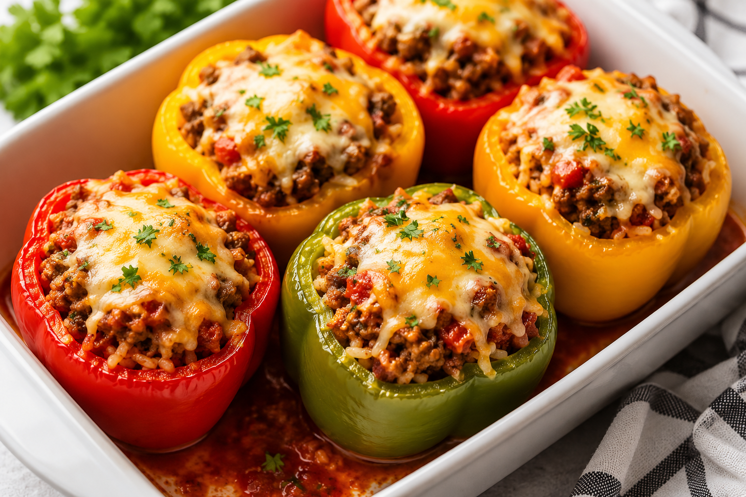 Colorful stuffed bell peppers filled with seasoned ground beef, rice, tomato sauce, and melted cheese baked until golden.