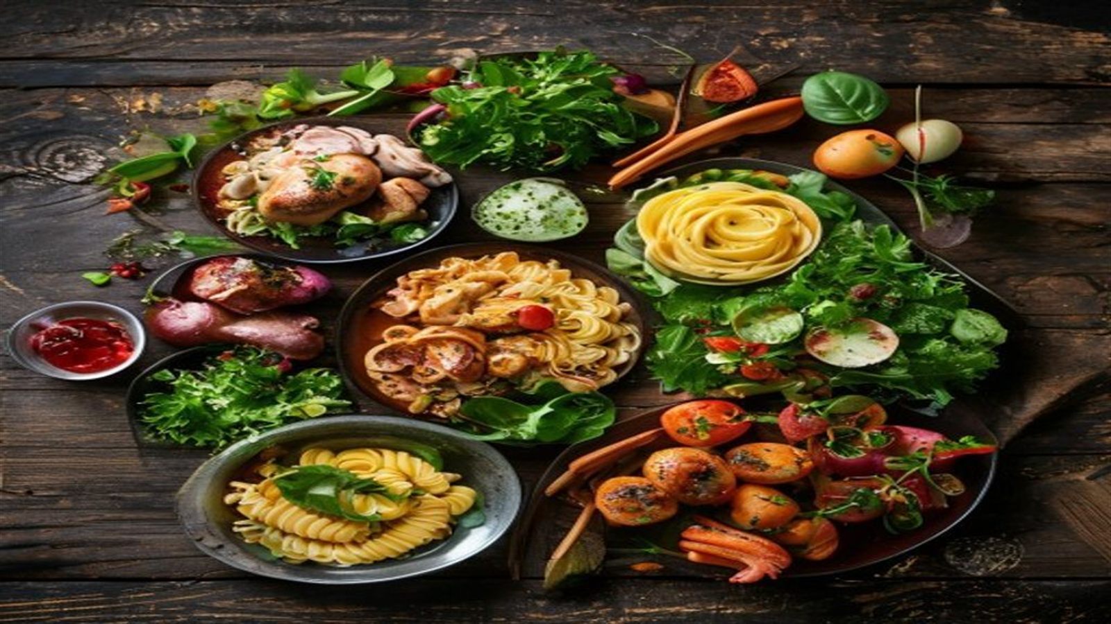 A variety of delicious home-cooked dishes on a rustic wooden table
