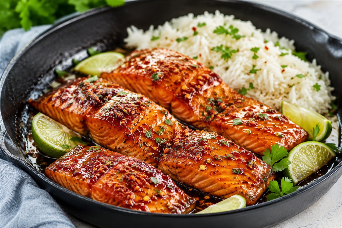 Hot honey salmon fillets glazed with sweet and spicy sauce in a cast-iron skillet, served with white rice and lime wedges