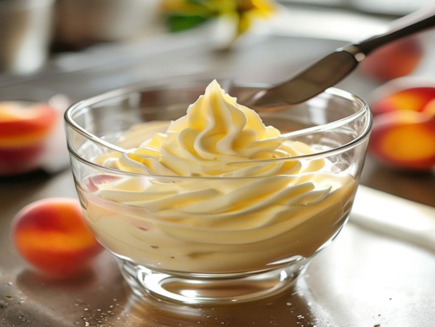 Folding peach puree into whipped cream in a glass bowl