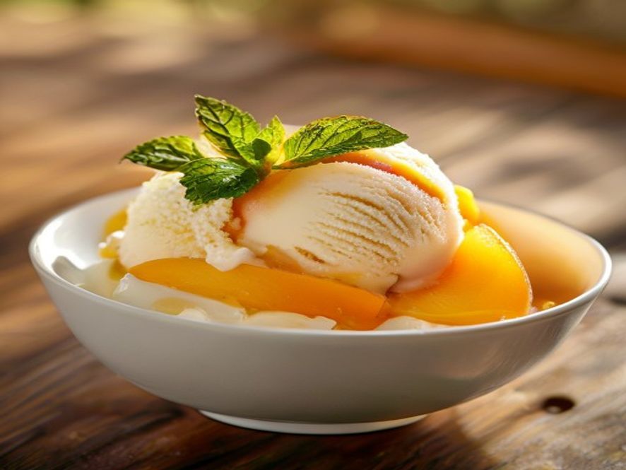 A scoop of no-churn peach ice cream in a bowl with fresh peach slices